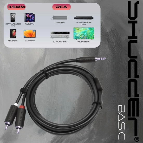 Kabel wtyk jack 3.5mm stereo - 2RCA wtyk 1.5m Shudder Basic Przewód Jack 3.5mm - 2x Cinch-107675