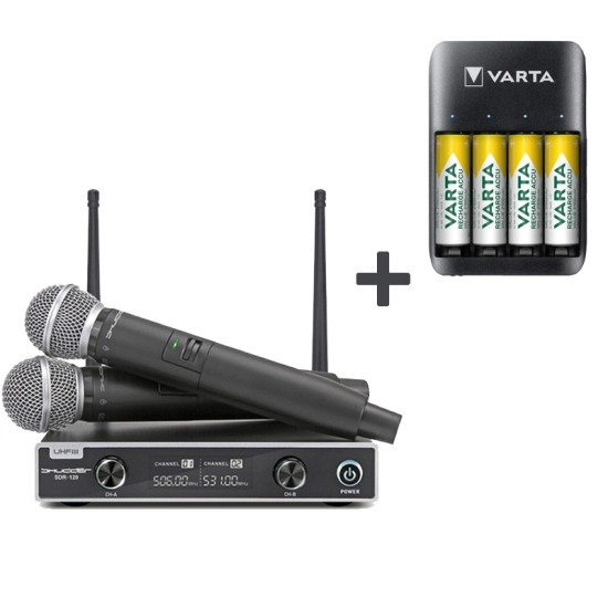 Mikrofony bezprzewodowe SDR1202, zestaw 2 kanałowy Shudder + zestaw akumulatorów z ładowarką VARTA QUATTRO
