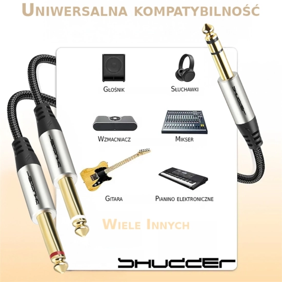 Kabel wtyk jack 6.3 stereo - 2x wtyk jack 6.3 mono 1m Shudder PREMIUM w tekstylnym oplocie-108804