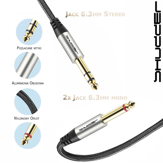 Kabel wtyk jack 6.3 stereo - 2x wtyk jack 6.3 mono 10m Shudder PREMIUM w tekstylnym oplocie-108823