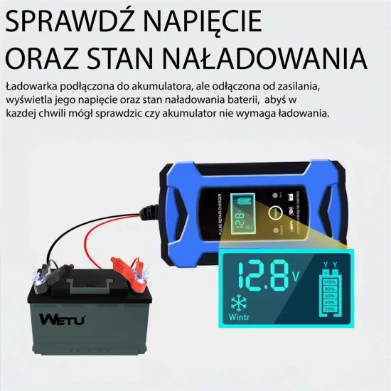 Automatyczny Inteligentny Prostownik CYFROWY 12V 6A do akumulatorów samochodowych, AGM i motocyklowych z funkcją napra