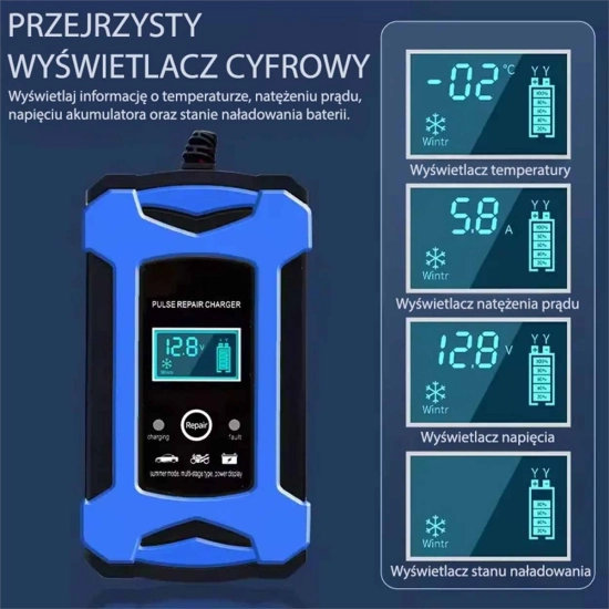 Automatyczny Inteligentny Prostownik CYFROWY 12V 6A do akumulatorów samochodowych, AGM i motocyklowych z funkcją napra