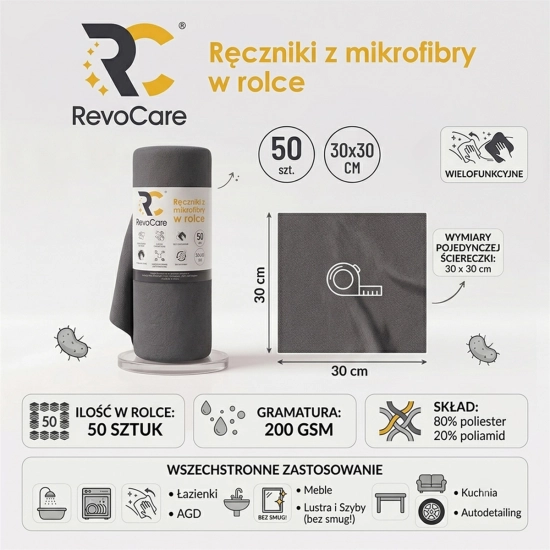 Ręcznik z mikrofibry w rolce RevoCare 30x30 50szt. pomarańczowy 200GSM-112150
