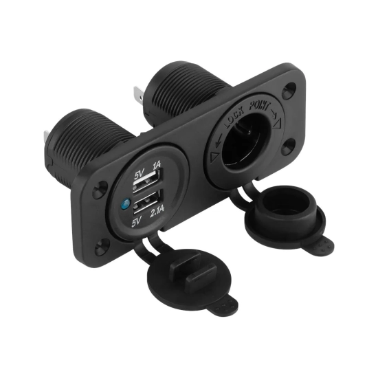 Gniazdo zapalniczki samochodowej + 2 x gniazda ładowania USB 3100mA max, do zabudowy wewnątrz