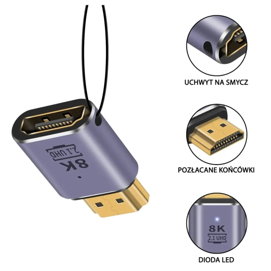 Przejściówka adaptor HDMI wtyk - gniazdo płaski prosty 4K 120Hz 2.1-8656