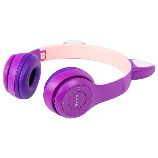 Słuchawki bezprzewodowe nauszne dla dzieci LED kocie uszy Bluetooth fioletowe-9060